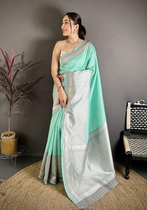 Mint Green Printed Silk Saree Set — view on Indya