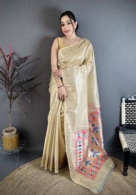 Beige Solid Tissue Saree Set