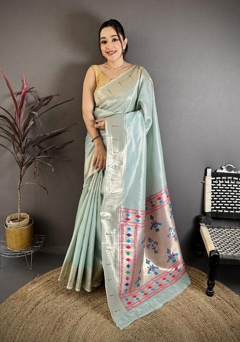 Light Blue Solid Tissue Saree Set — view on Indya