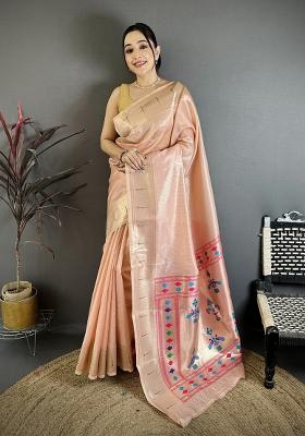 Peach Solid Tissue Saree Set