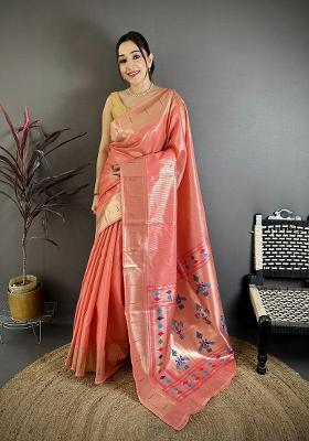 Pink&nbsp; Solid Tissue Saree Set