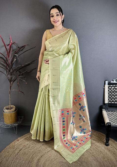 Light Green Solid Tissue Saree Set — view on Indya