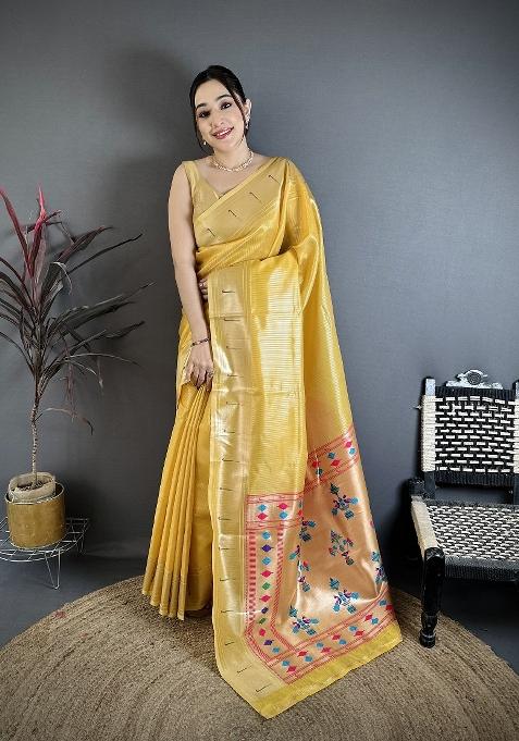 Golden Yellow Solid Tissue Saree Set — view on Indya