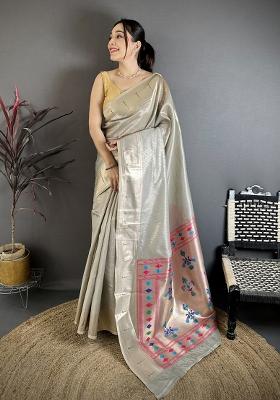 Grey Solid Tissue Saree Set