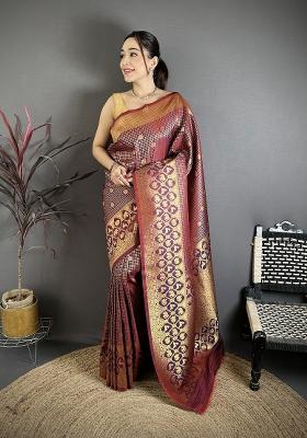 Wine Floral Print Silk Blend Saree Set