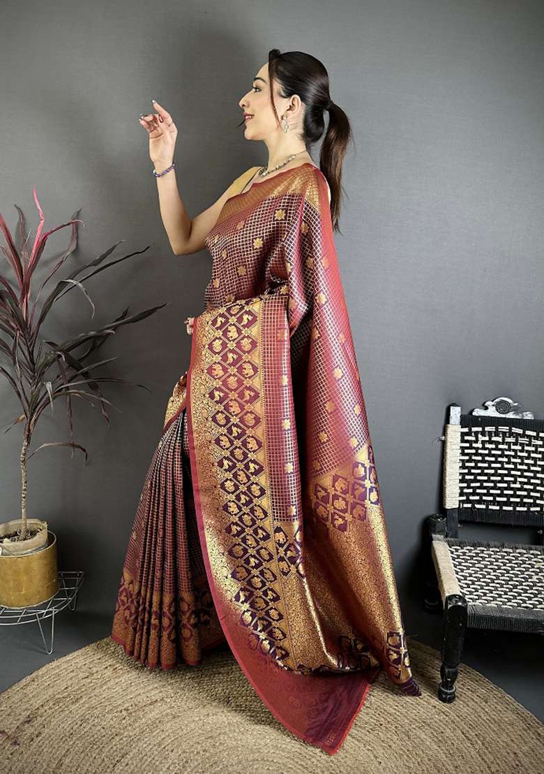 Wine Floral Print Silk Blend Saree Set - Indya