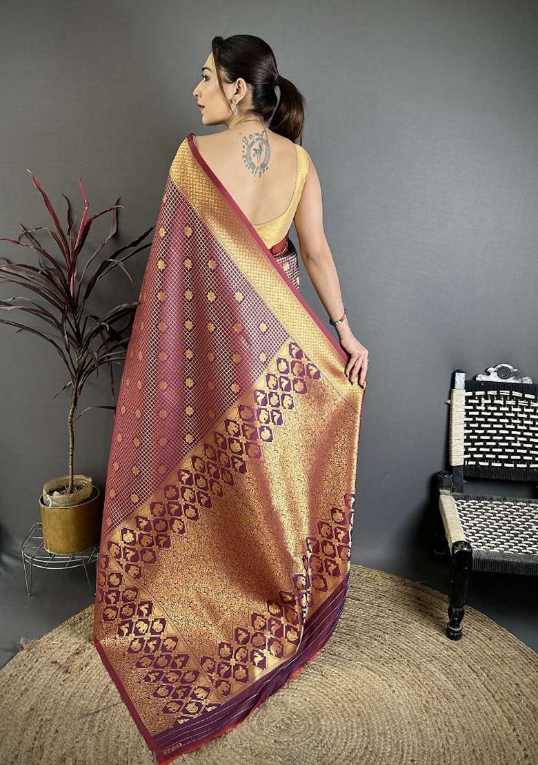 Wine Floral Print Silk Blend Saree Set - Indya