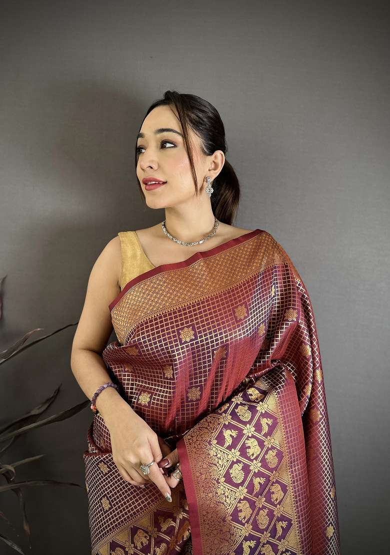 Wine Floral Print Silk Blend Saree Set - Indya