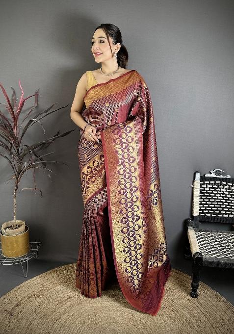 Wine Floral Print Silk Saree Set — view on Indya