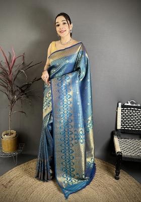 Atom Blue Floral Print Silk Blend Saree Set