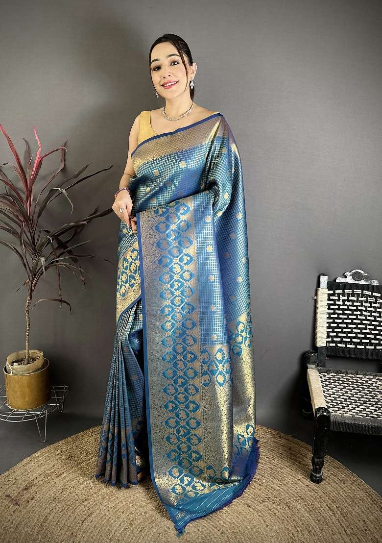 Atom Blue Floral Print Silk Blend Saree Set - Indya