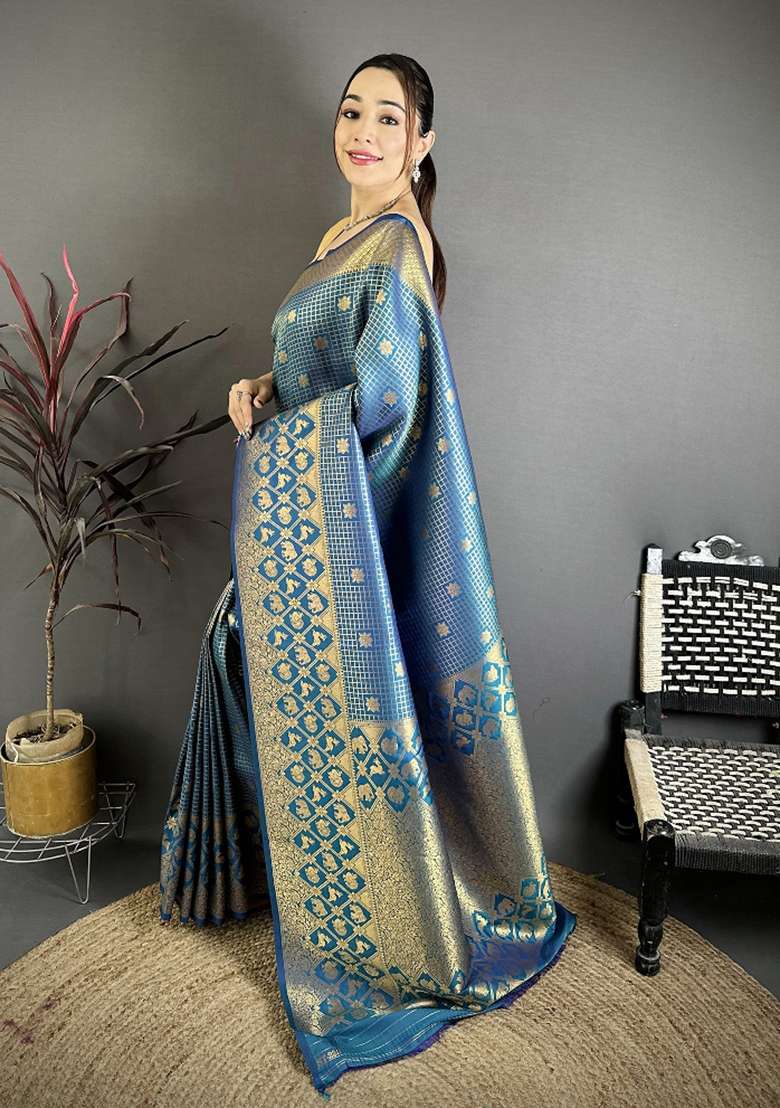 Atom Blue Floral Print Silk Blend Saree Set - Indya