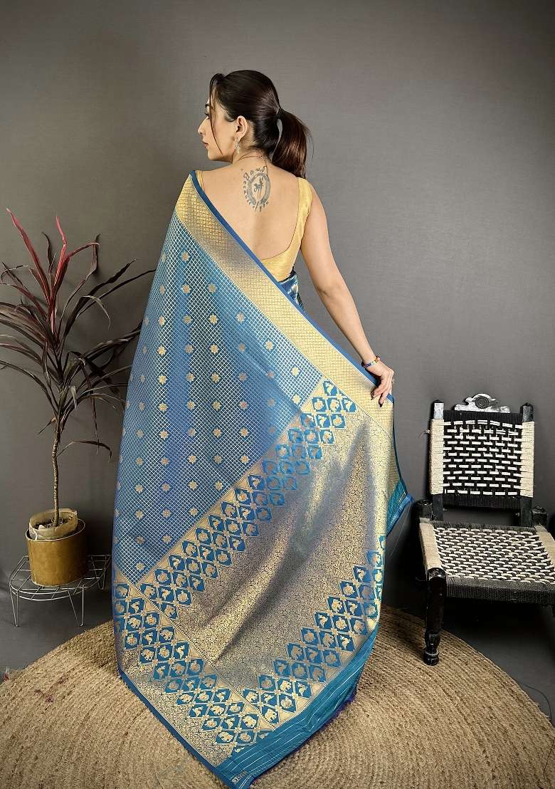 Atom Blue Floral Print Silk Blend Saree Set - Indya