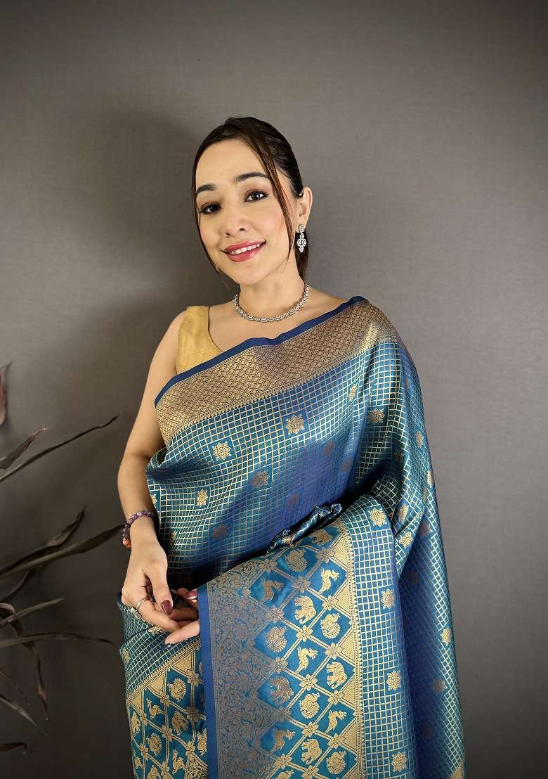 Atom Blue Floral Print Silk Blend Saree Set - Indya