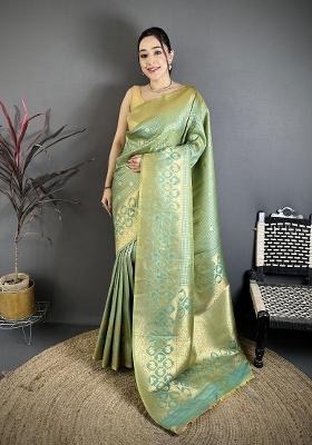 Pista Green Floral Print Silk Blend Saree Set