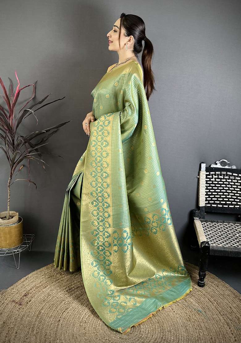Pista Green Silk Blend Saree Set with Floral Print for Diwali | Wedding & Festive Wear - Indya