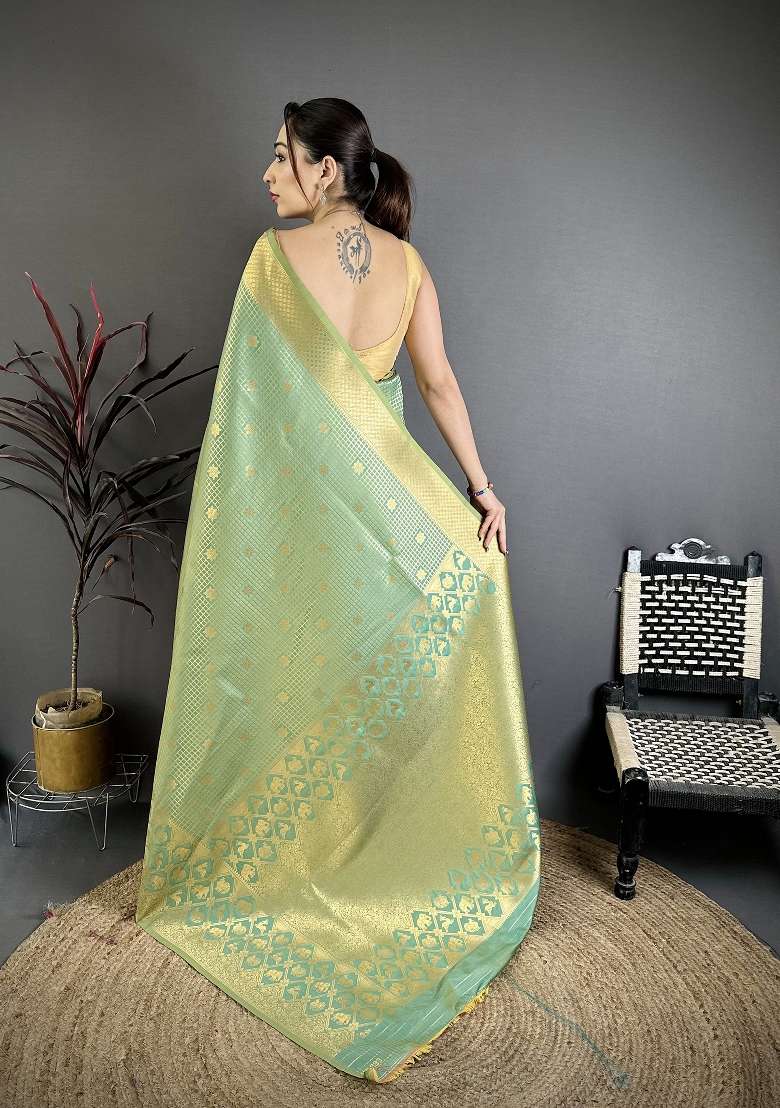 Pista Green Silk Blend Saree Set with Floral Print for Diwali | Wedding & Festive Wear - Indya
