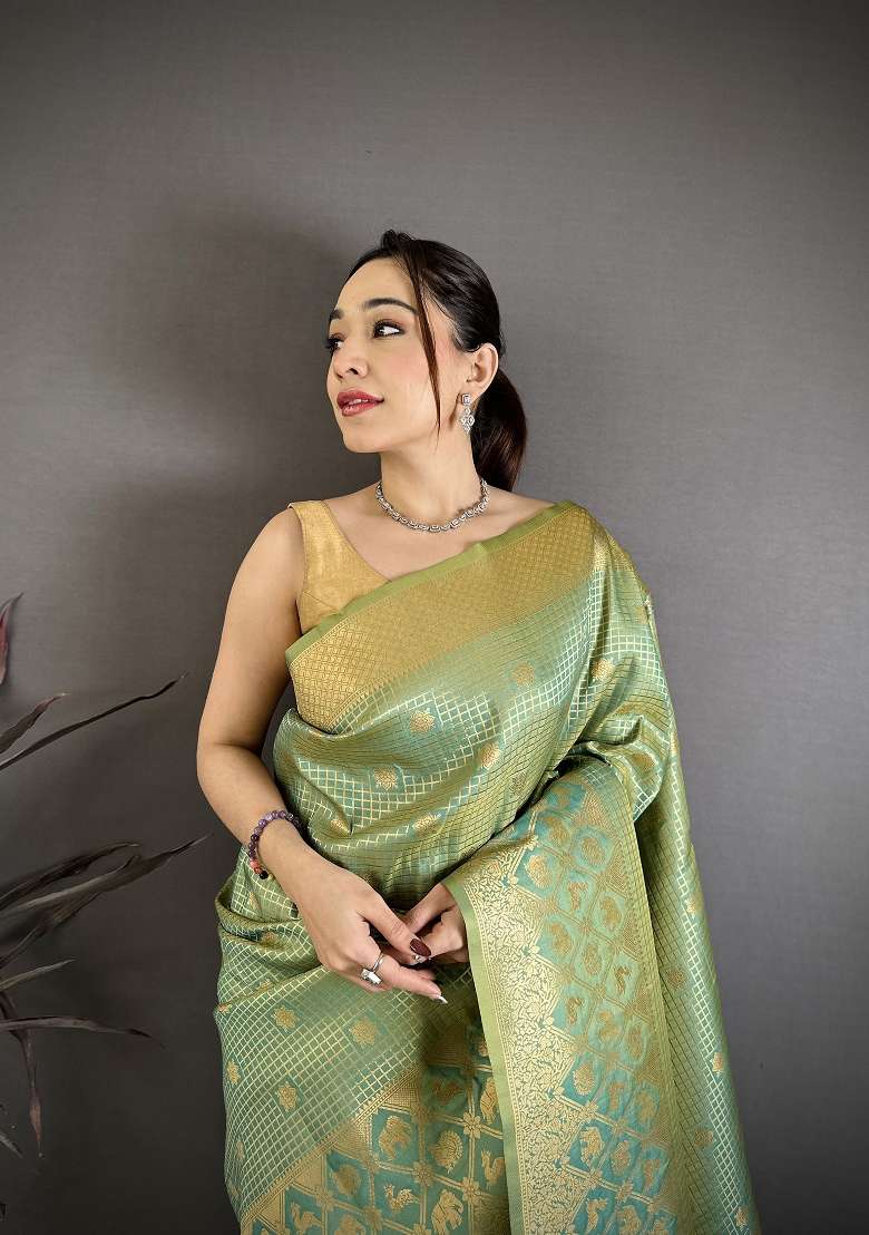 Pista Green Silk Blend Saree Set with Floral Print for Diwali | Wedding & Festive Wear - Indya