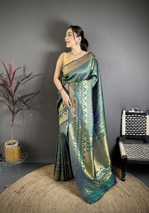 Rama Green Floral Print Silk Blend Saree Set