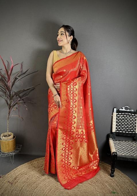 Red Floral Print Silk Saree Set — view on Indya
