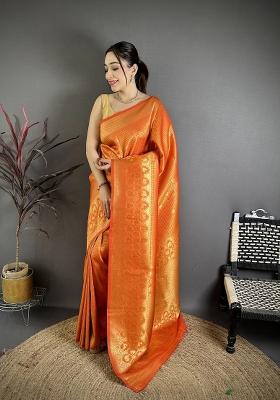 Orange Floral Print Silk Blend Saree Set