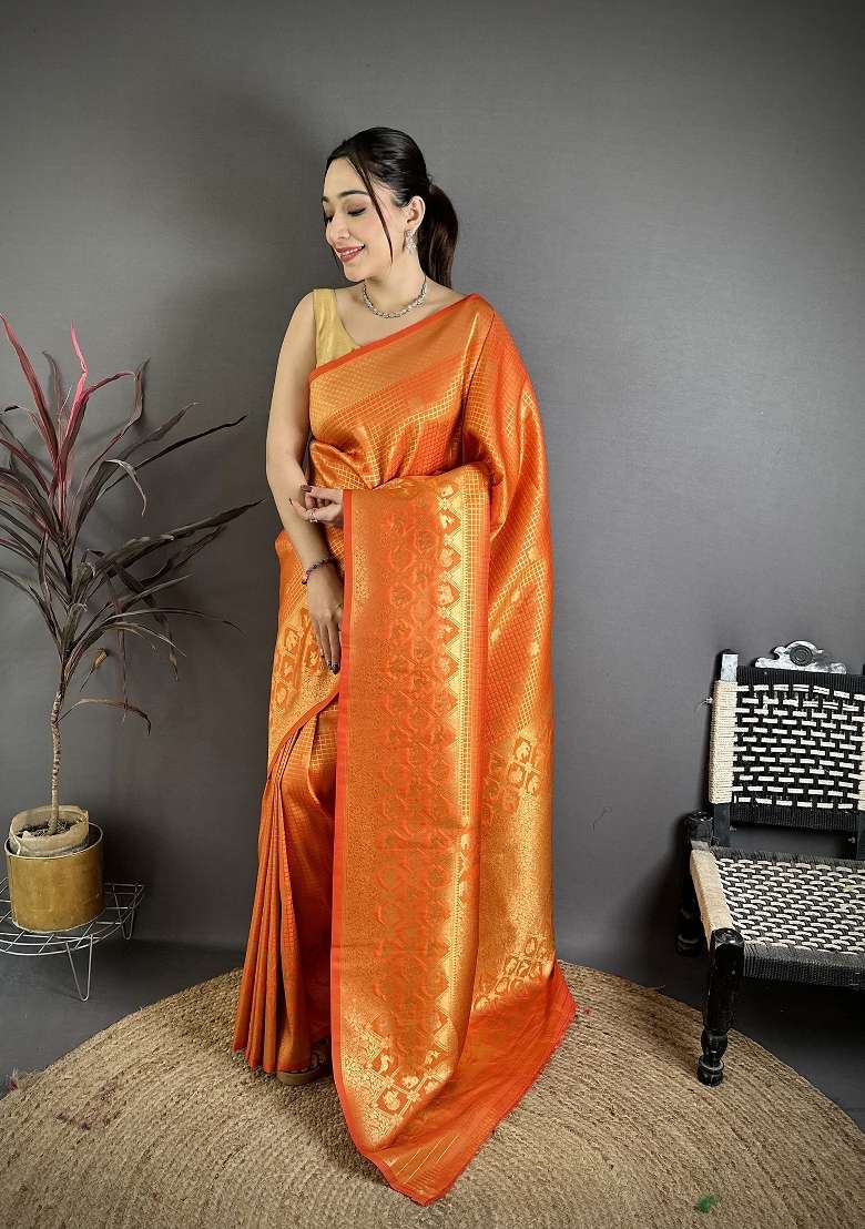 Orange Silk Blend Saree Set with Floral Print for Diwali | Wedding & Festive Wear - Indya