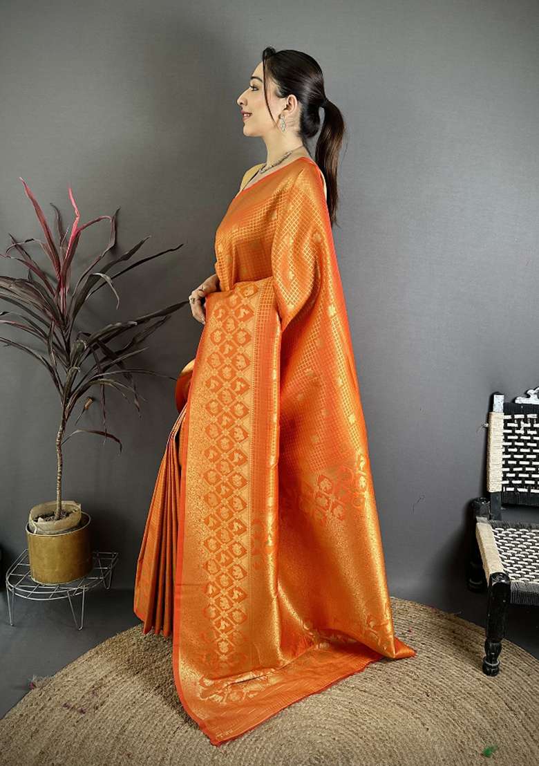Orange Silk Blend Saree Set with Floral Print for Diwali | Wedding & Festive Wear - Indya