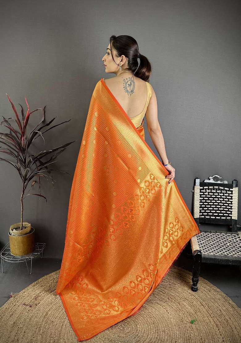 Orange Silk Blend Saree Set with Floral Print for Diwali | Wedding & Festive Wear - Indya