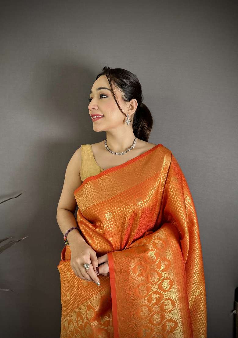 Orange Silk Blend Saree Set with Floral Print for Diwali | Wedding & Festive Wear - Indya