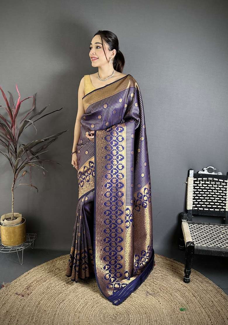 Navy Blue Silk Blend Saree Set with Floral Print for Diwali | Wedding & Festive Wear - Indya