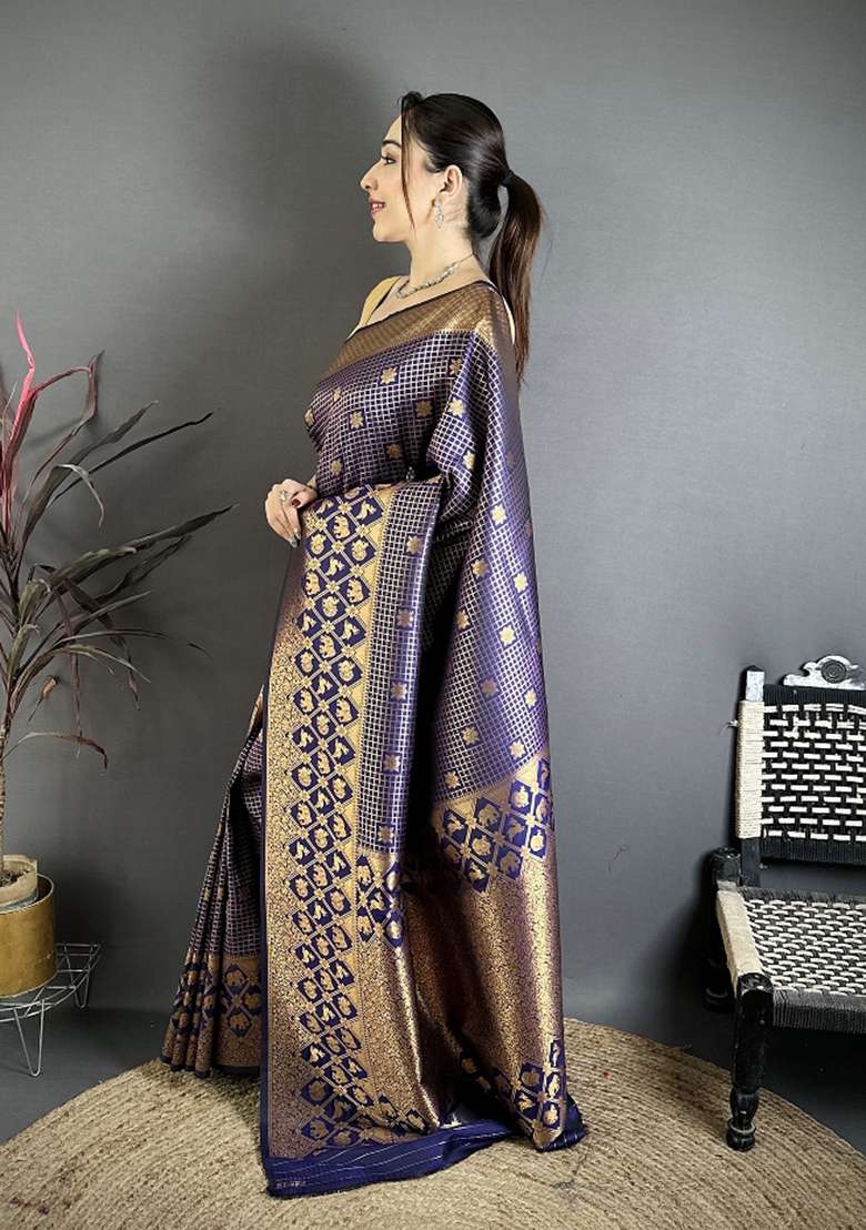 Navy Blue Silk Blend Saree Set with Floral Print for Diwali | Wedding & Festive Wear - Indya