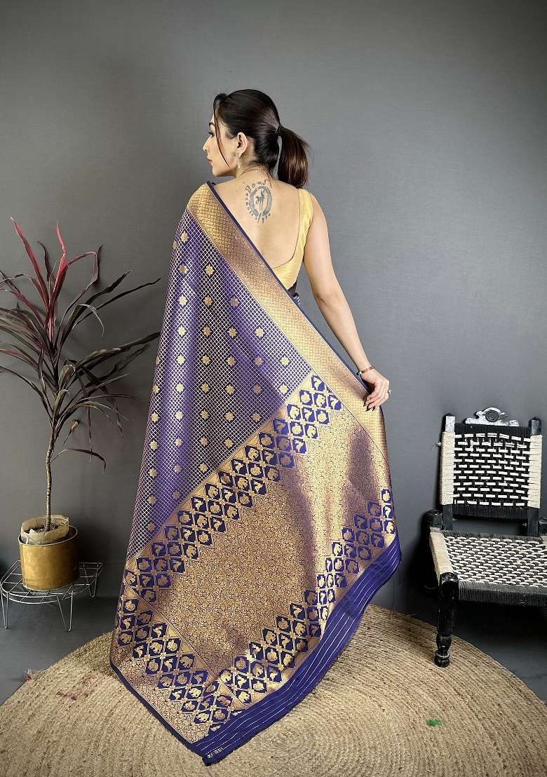 Navy Blue Silk Blend Saree Set with Floral Print for Diwali | Wedding & Festive Wear - Indya