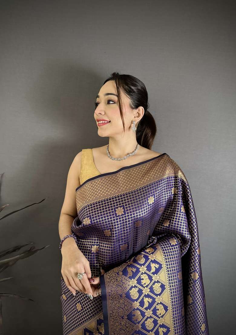 Navy Blue Silk Blend Saree Set with Floral Print for Diwali | Wedding & Festive Wear - Indya