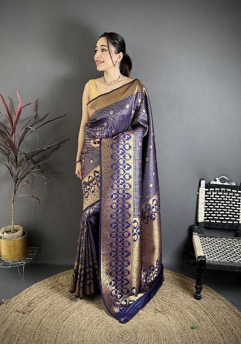 Navy Blue Floral Print Silk Blend Saree Set