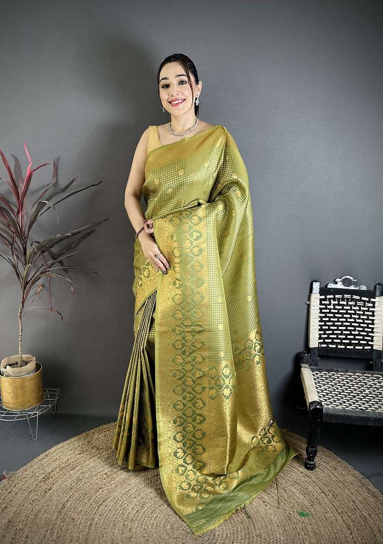 Olive Floral Print Silk Blend Saree Set for Diwali and Festive Wear - Indya