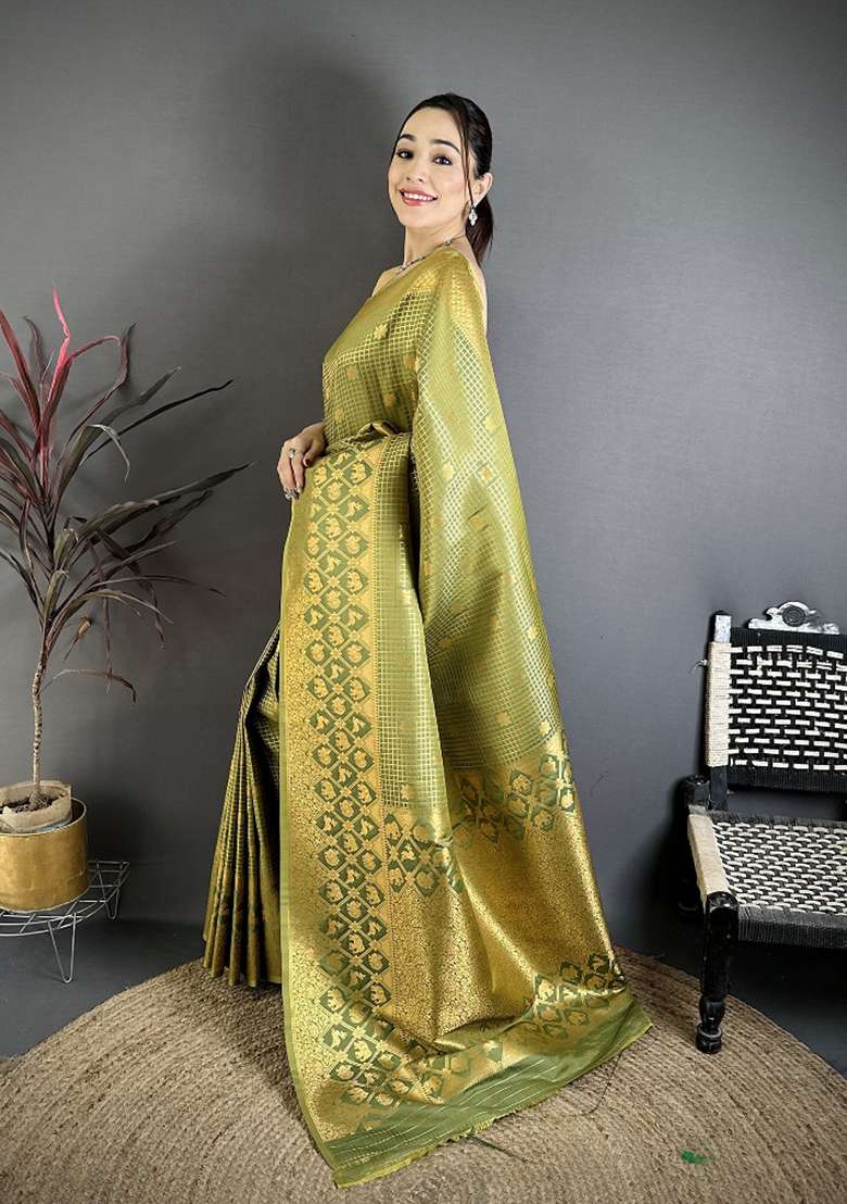 Olive Floral Print Silk Blend Saree Set for Diwali and Festive Wear - Indya