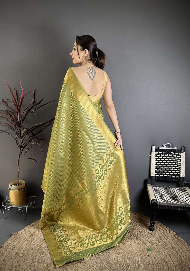 Olive Floral Print Silk Blend Saree Set for Diwali and Festive Wear - Indya