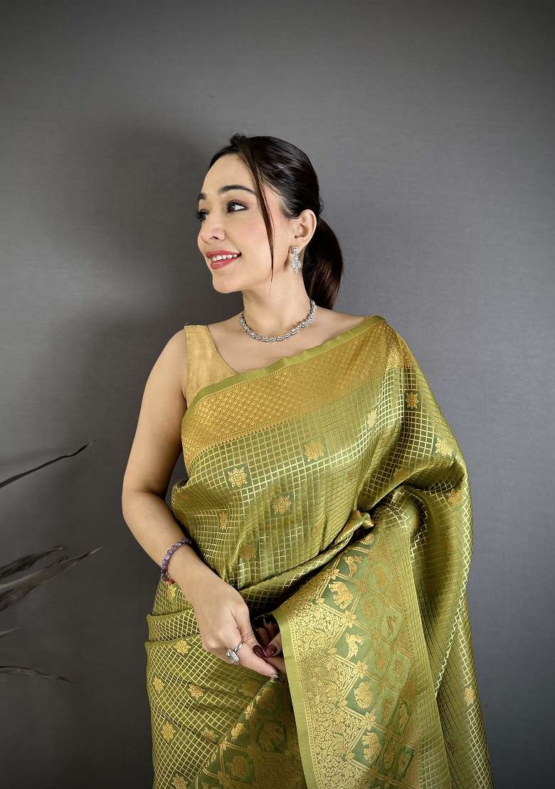 Olive Floral Print Silk Blend Saree Set for Diwali and Festive Wear - Indya