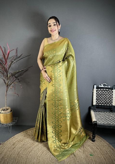 Olive Floral Print Silk Blend Saree Set