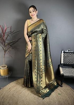 Dark Green Floral Print Silk Saree Set