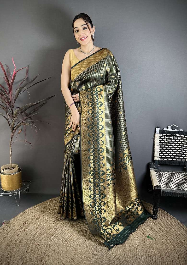 Dark Green Floral Print Silk Blend Saree Set for Diwali and Festive Wear - Indya