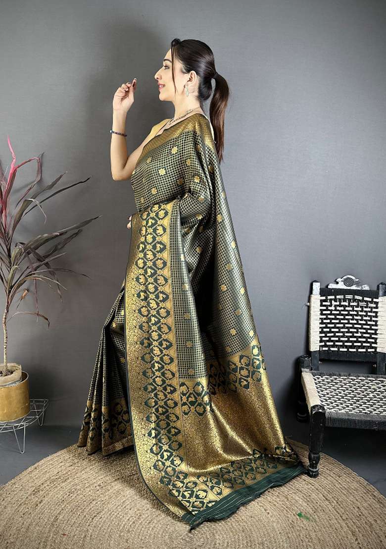 Dark Green Floral Print Silk Blend Saree Set for Diwali and Festive Wear - Indya