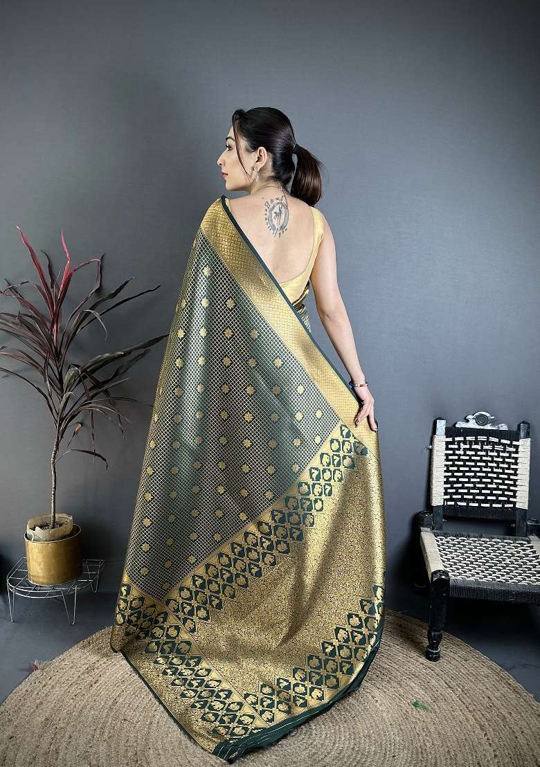 Dark Green Floral Print Silk Blend Saree Set for Diwali and Festive Wear - Indya