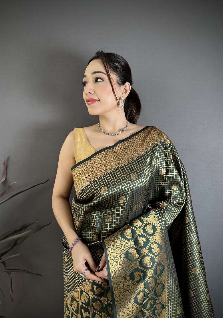 Dark Green Floral Print Silk Blend Saree Set for Diwali and Festive Wear - Indya