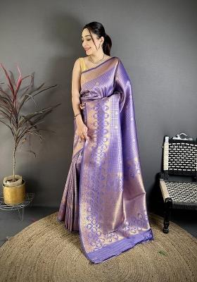 Lavender Floral Print Silk Blend Saree Set