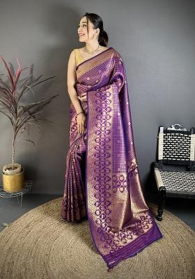 Purple&nbsp; Floral Print Silk Blend Saree Set