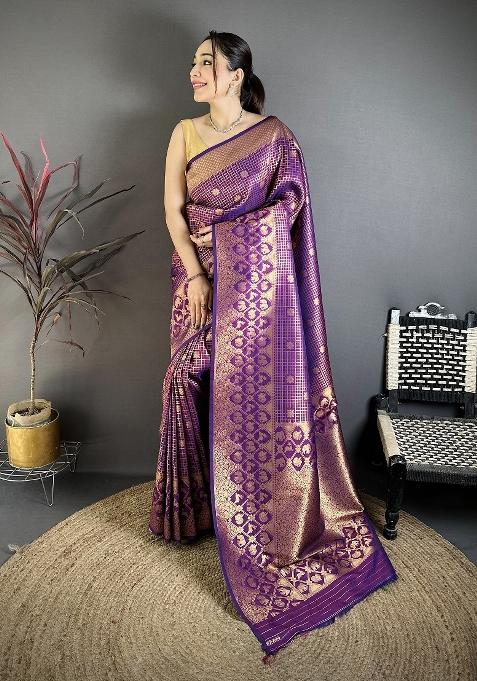 Purple Floral Print Silk Saree Set — view on Indya