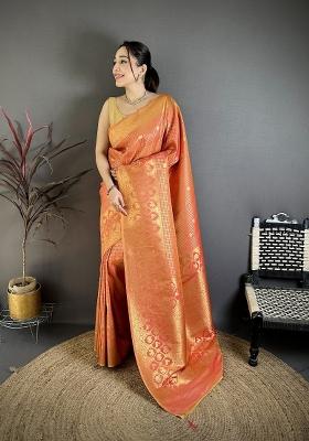Peach Floral Print Silk Blend Saree Set
