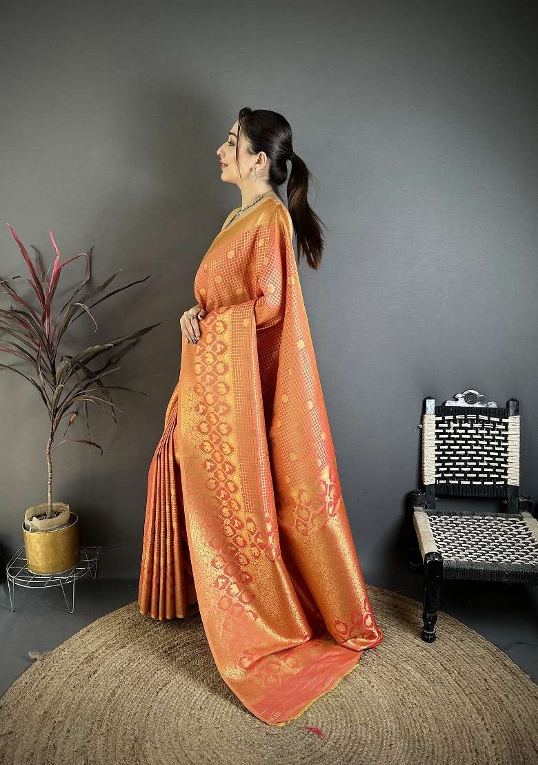Peach Silk Blend Saree Set with Floral Print for Diwali | Wedding & Festive Wear - Indya