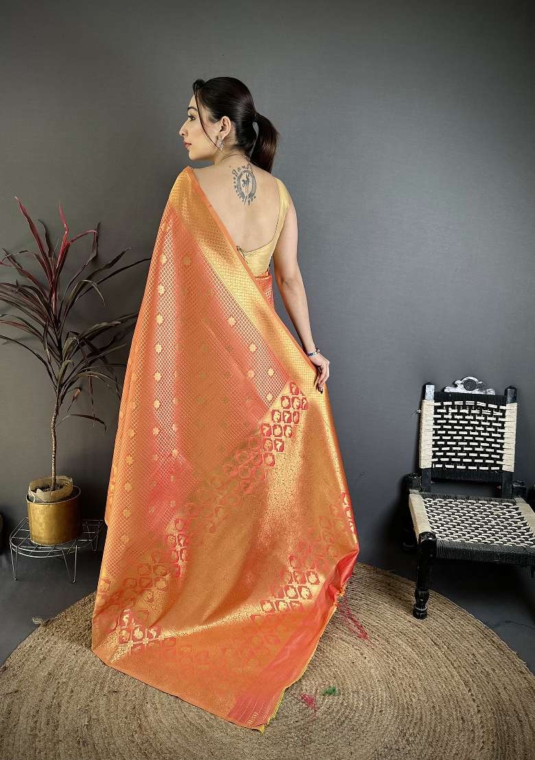 Peach Silk Blend Saree Set with Floral Print for Diwali | Wedding & Festive Wear - Indya